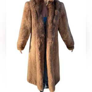 RARE Authentic SAGA Mink Fur Long Coat Camel Brown Herringbone SAGA Fox Trim M